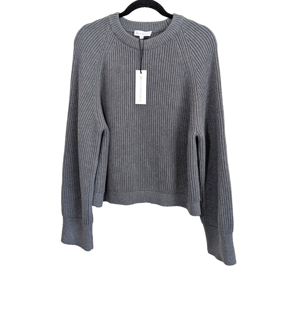 White + Warren Women's Sweater Gray Organic Cotton Plaited Crew Neck Medium